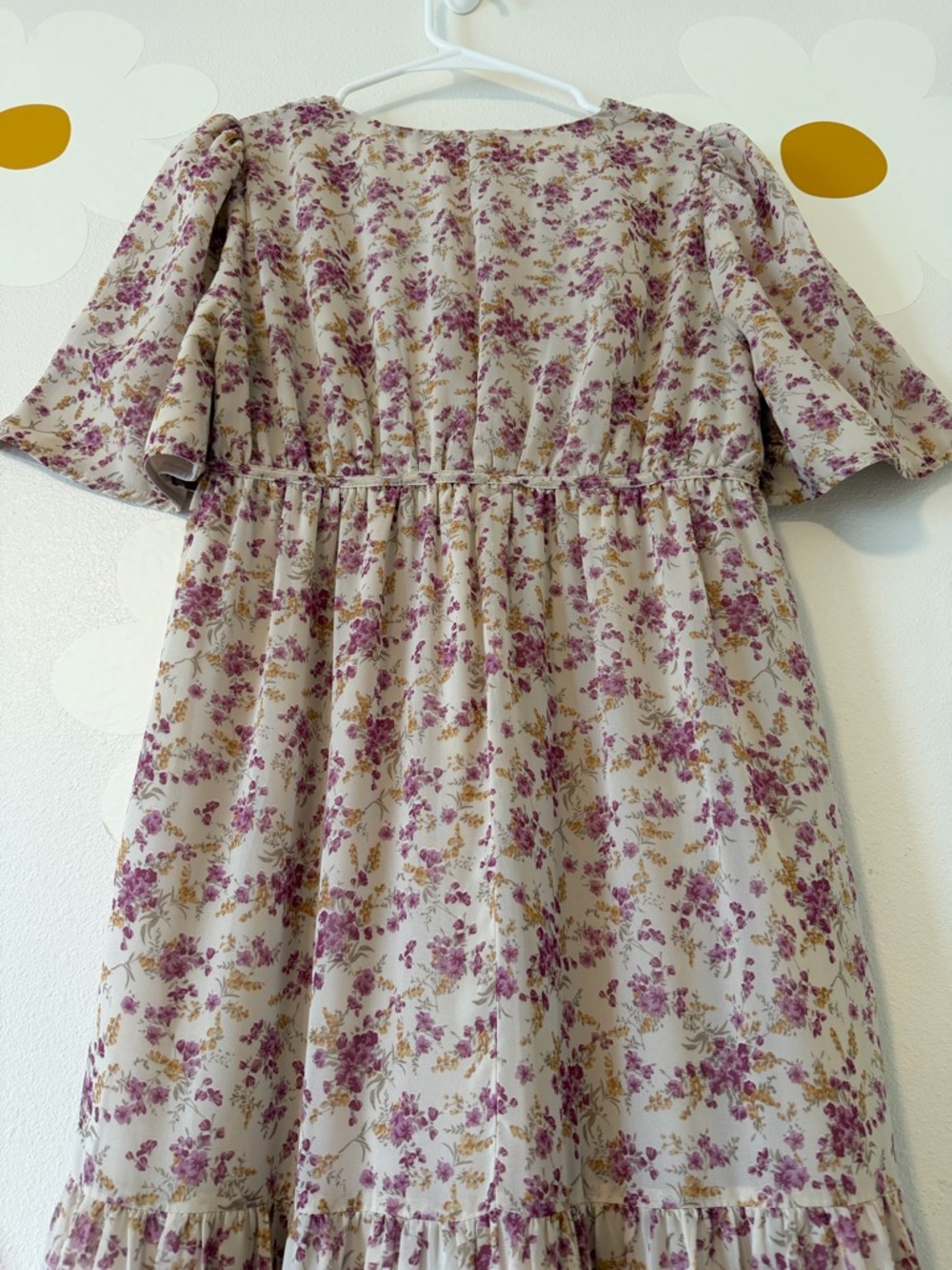 EUC Roolee Cream Midi Flutter Sleeve Tiered Dress with Pink Floral Print - Picture 9 of 14